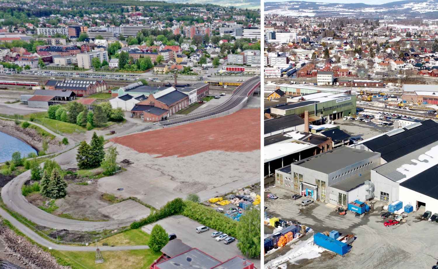 Dronebilde før/etter. Kreditering: Christian E. Bergheim, Hamar Arbeiderblad