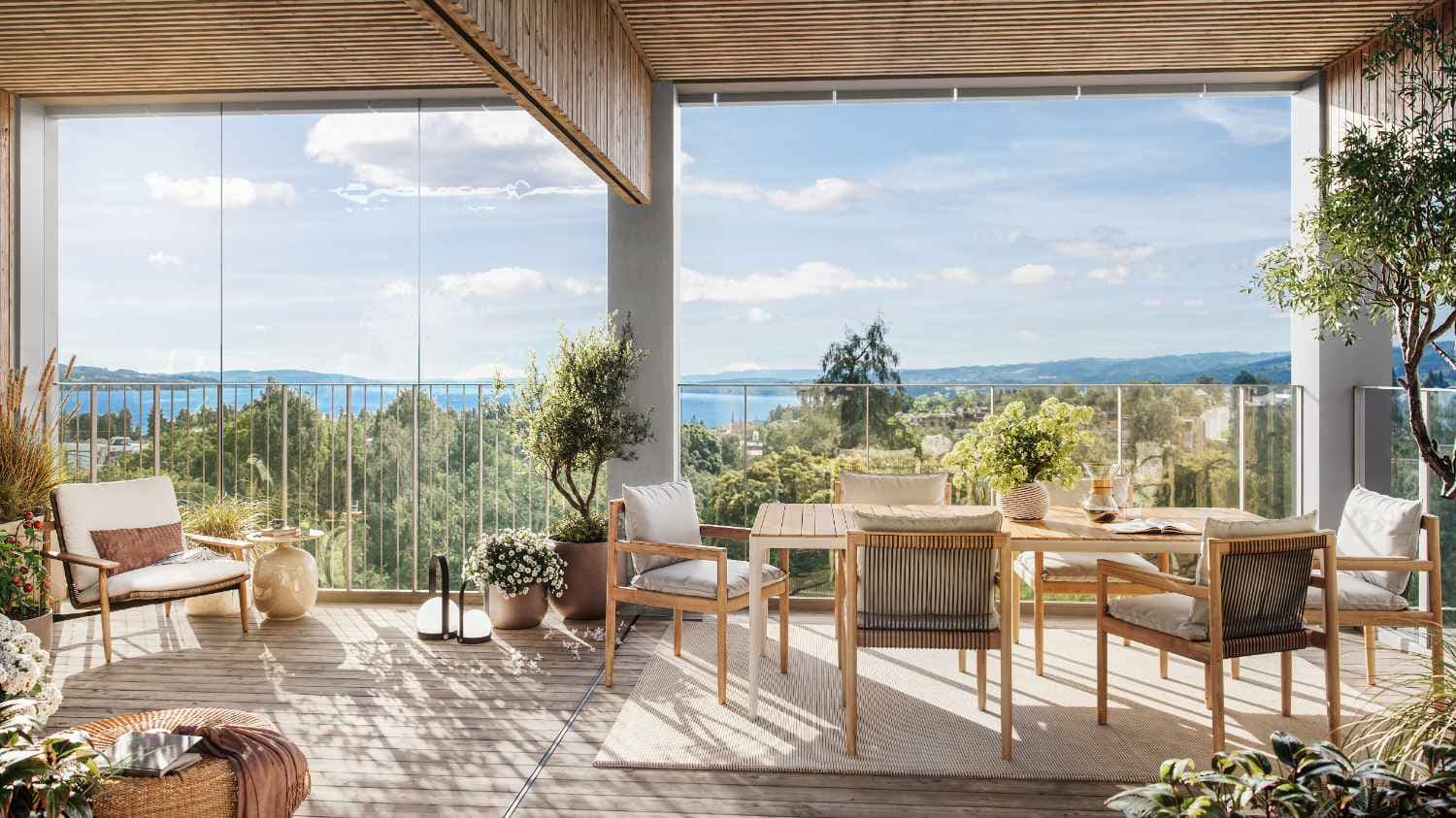 Utenfor stue/kjøkken er det en romslig balkong med flott utsikt med elva og Gjøvik Gård. Her fra leilighet D81. Illustrasjon -avvik kan forekomme.